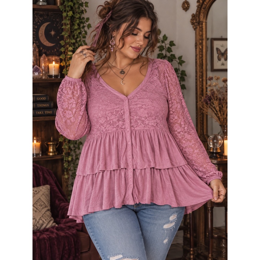 Torrid 2X Mauve Super Soft Lace Babydoll Coquette Top Tiered Button Front